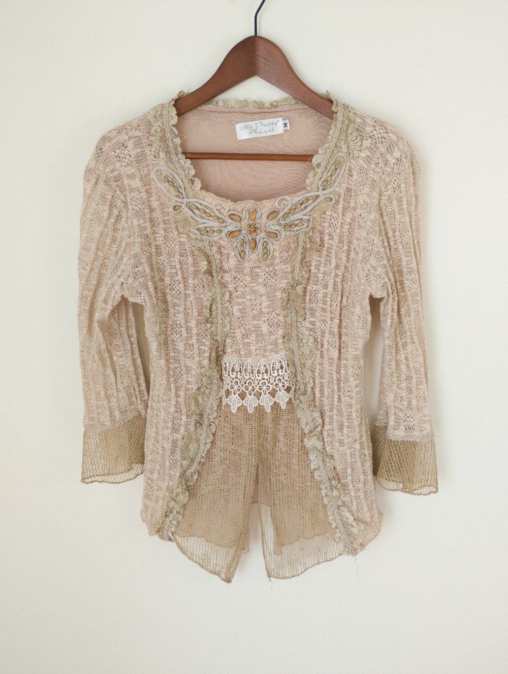 Pretty Angel Victorian Style Crochet Lace Knit Tunic Top Size Medium